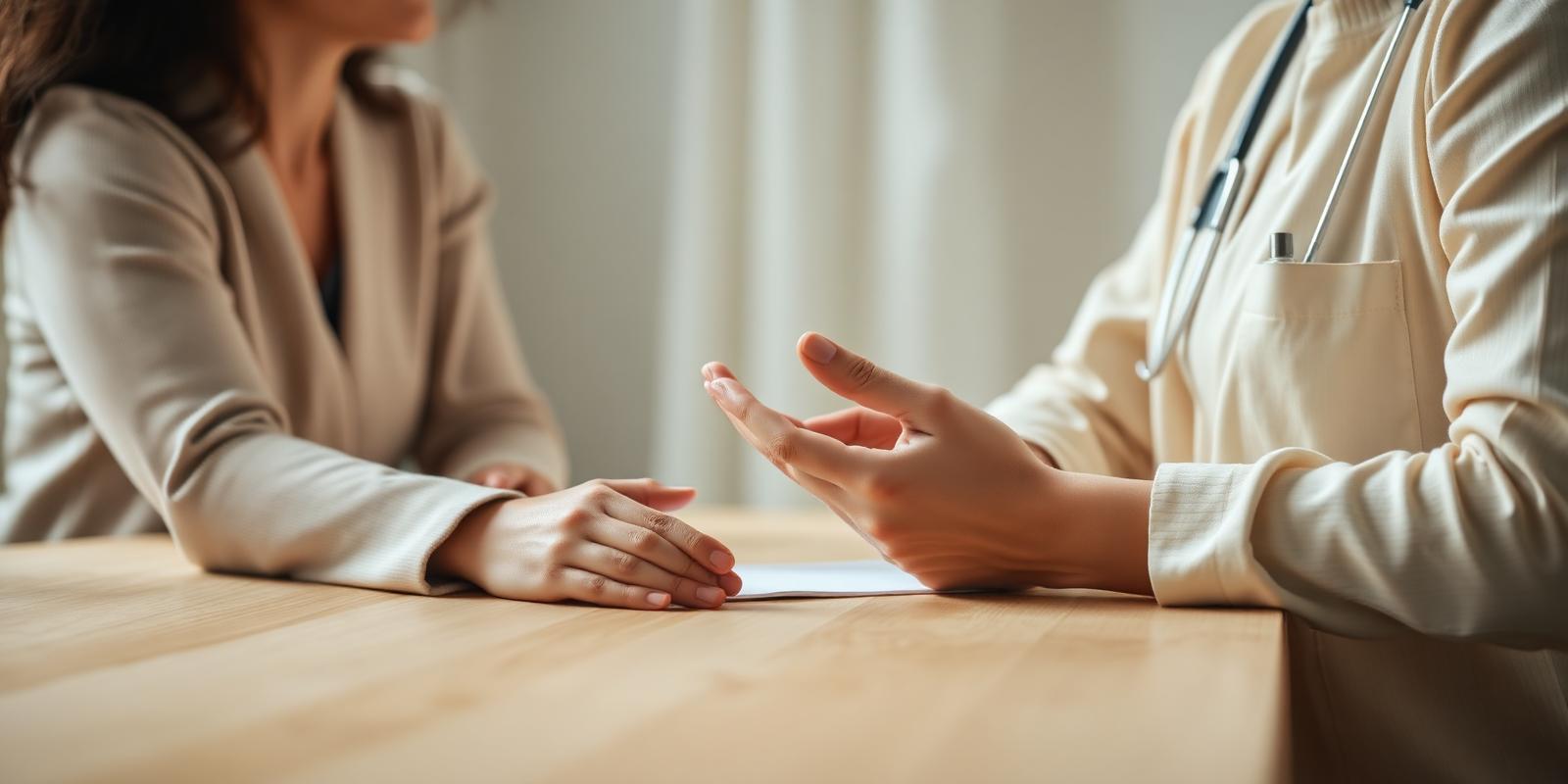 Practitioner in consultation with a patient across a light wooden table